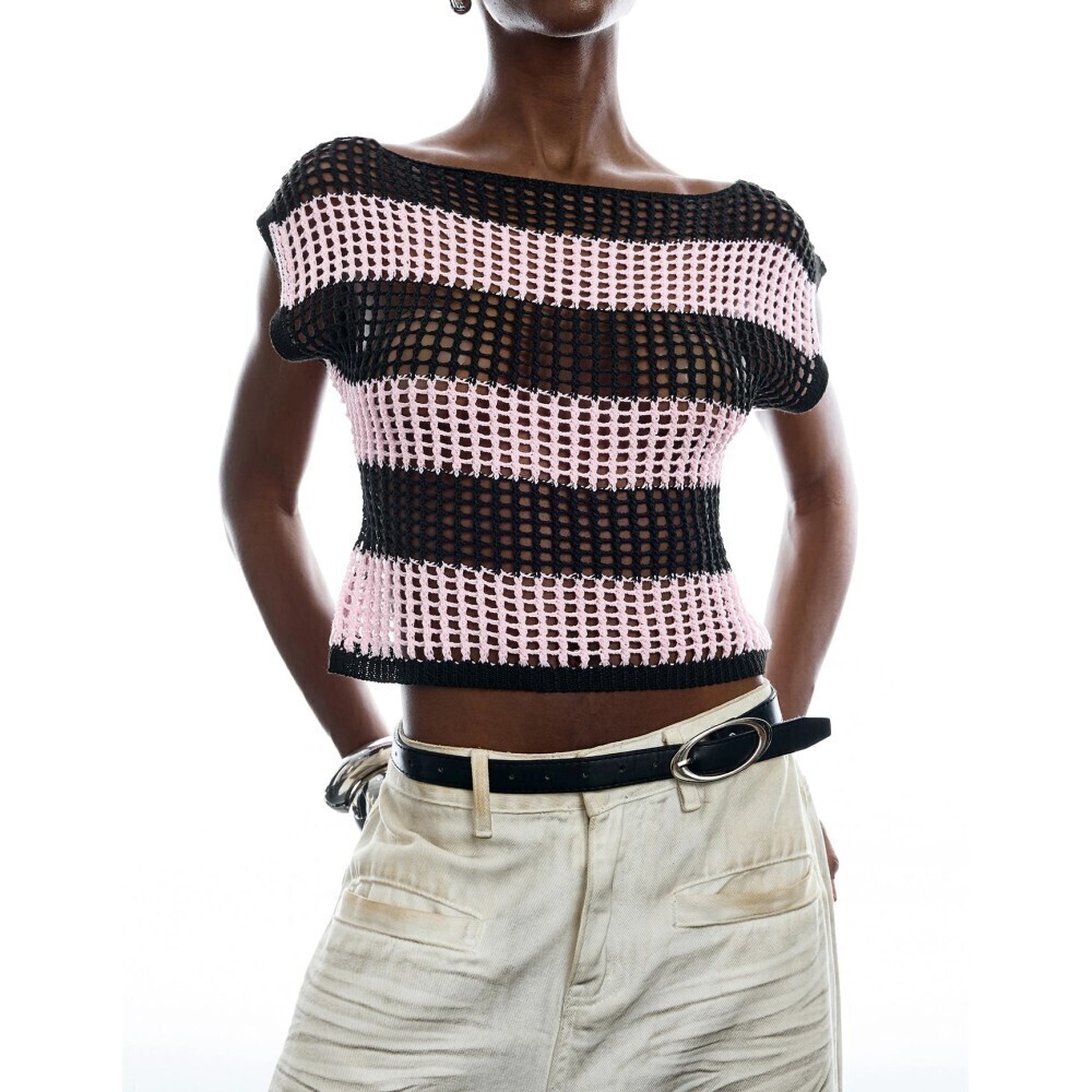 Black and Pink Striped Crochet Boat Neck Crop Top